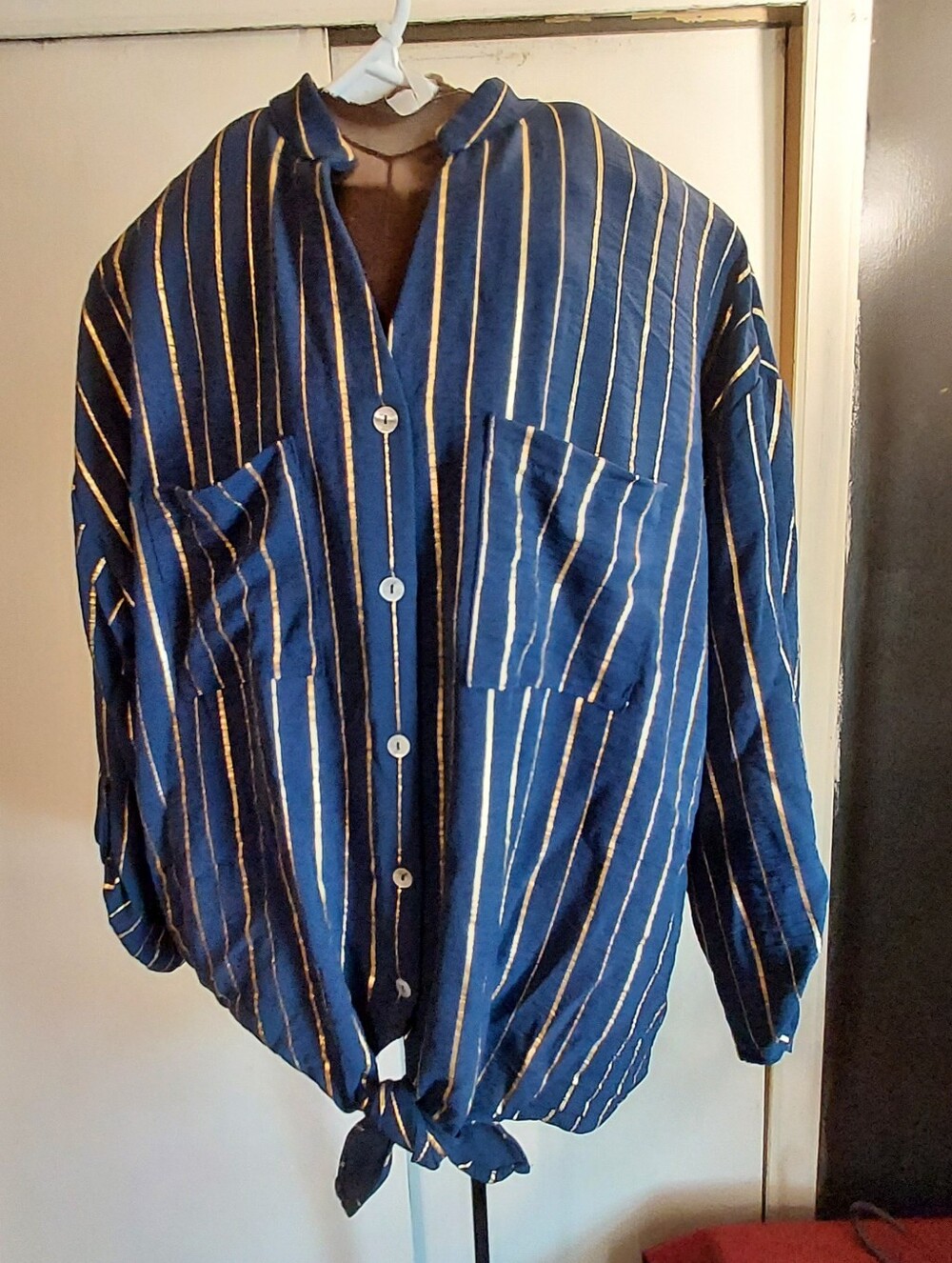 Good Days Navy Striped Button-Front Tie-Hem Shirt
